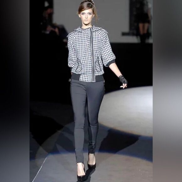 L.A.M.B. Asymmetrical Gingham Double-Zip Hooded Bomber with Cropped Sleeves - Picture 12 of 12